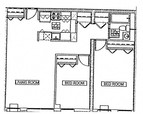 Floor plan for 2 beds, 1 bath, 880 sqft